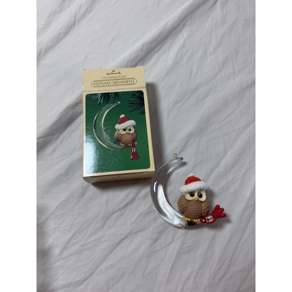 Vintage 1984 Hallmark Christmas Owl On Lucite Moon Ornament 1980s Retro Holiday